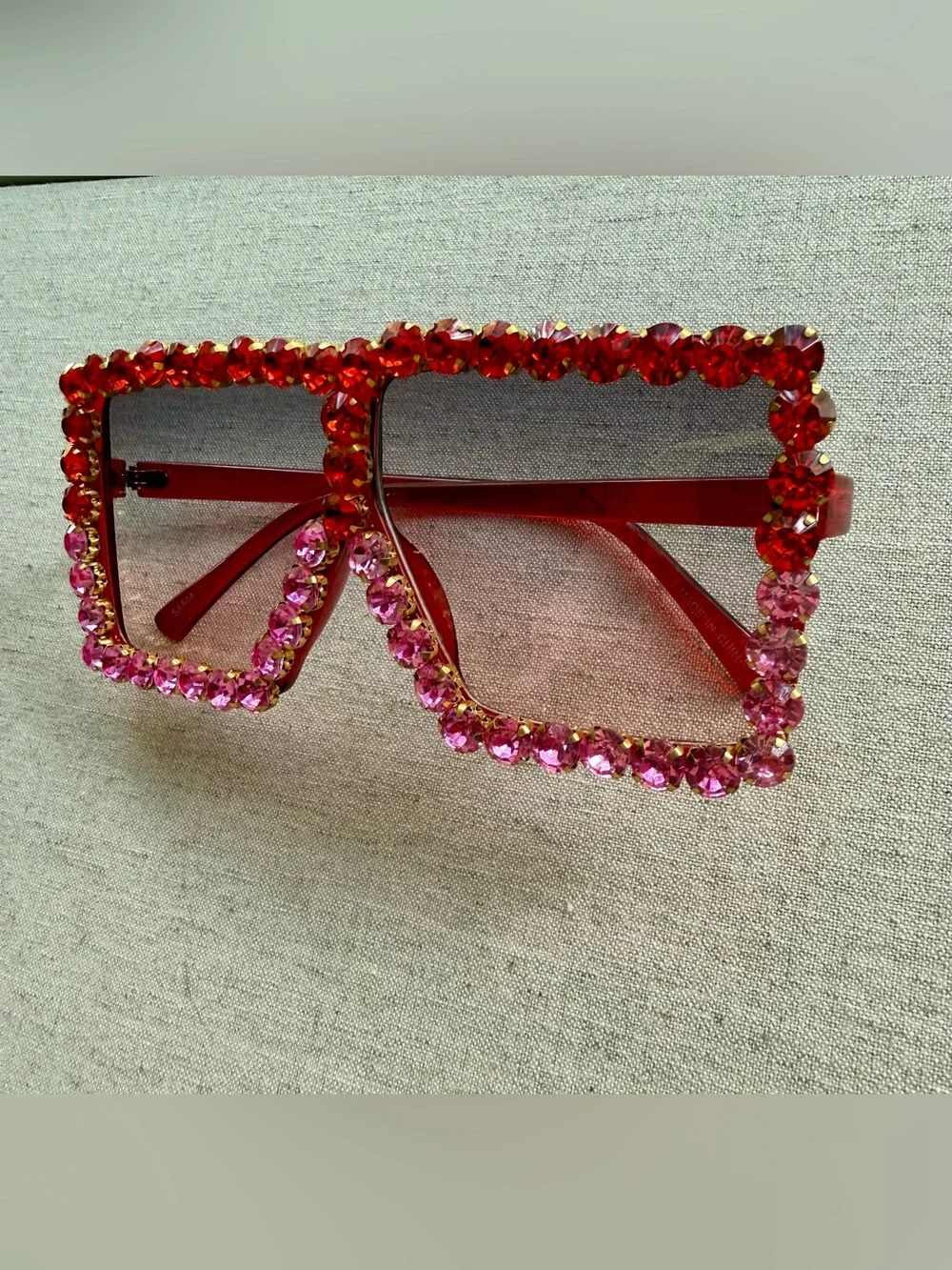 Ombre Red & Pink Rhinestone Oversized Square Sunglasses